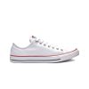 A white low-top canvas sneaker from Converse with a rubber sole displaying a red stripe and a blue stripe. These CONVERSE ALL STAR LOW WHITE - ADULT feature white laces and metal eyelets, echoing the classic basketball shoe design.