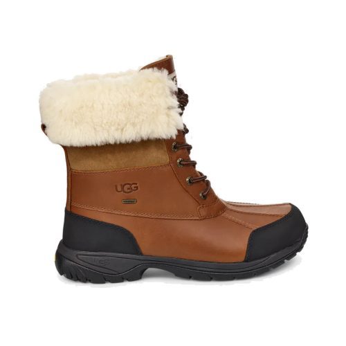 A single brown and black Ugg UGG BUTTE WATERPROOF WINTER BOOT WORCHESTER - MENS with a fur-lined top, lace-up front, and Vibram outsoles for superior traction.