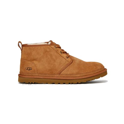 A side view of a brown suede UGG NEUMEL LACE INSULATED BOOT CHESTNUT - MENS with laces and the brand name "Ugg" stitched on the heel. The sole is rubber with a pattern for traction.