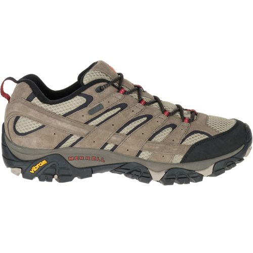 A tannish brown hiking shoe with a rugged Vibram traction sole and red accents. The waterproof MERRELL MOAB 2 WP BARK BROWN - MENS shoe has a lace-up design and features the brand name "Merrell" on the side and "Vibram" on the sole, ensuring durability for any adventure.