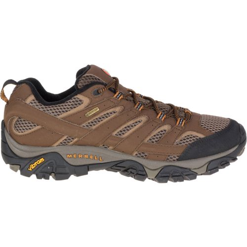 A brown and black MERRELL MOAB 2 LOW GTX EARTH - MENS with the brand names "Merrell" and "Vibram" on the side. The shoe features a rugged Vibram® traction sole, breathable mesh material, orange laces, and is a reliable waterproof shoe perfect for outdoor adventures.