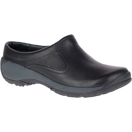 Black Merrell Encore Q2 Slide leather women's slide shoe with a low heel, rubber sole, and enhanced arch support.