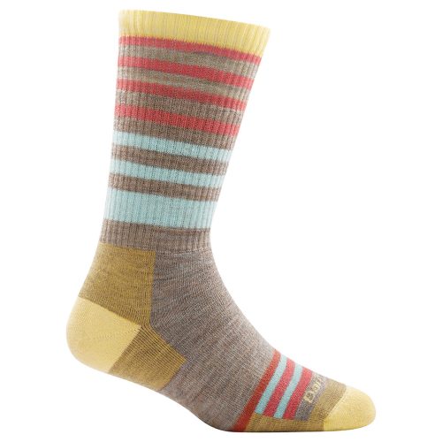 A Darn Tough GATEWOOD BOOT SOCK OATMEAL with horizontal stripes in shades of red, blue, gray, and yellow, featuring a mostly yellow toe, heel, and cuff. Made from merino wool for ultimate comfort.