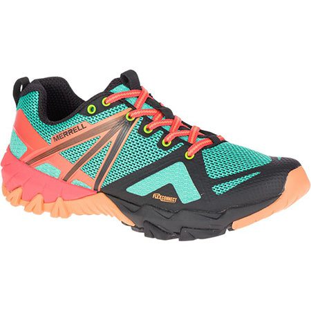 A single women's hiking shoe with teal and orange accents, black sole, and red laces. The breathable mesh lining enhances comfort, and the brand "Merrell" is visible on the side. This Merrell MERRELL MQM FLEX FRUIT PUNCH - WOMENS shoe is perfect for your outdoor adventures.