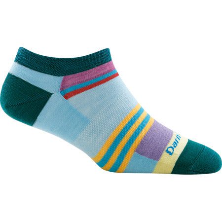 A Darn Tough DARN TOUGH MODERN STRIPE NO SHOW GLACIER sock with teal toes and heel, light blue base, and various colored stripes and patterns made from soft merino wool.