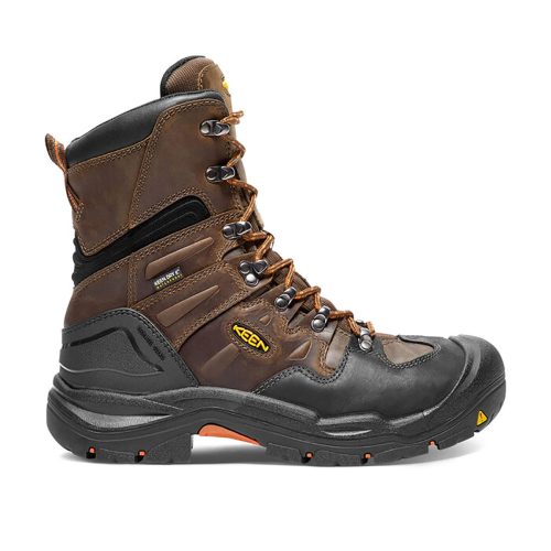 A KEEN ST COBURG 8" BROWN - MENS by Keen with black laces, side logo, rugged sole, and durable waterproof leather.