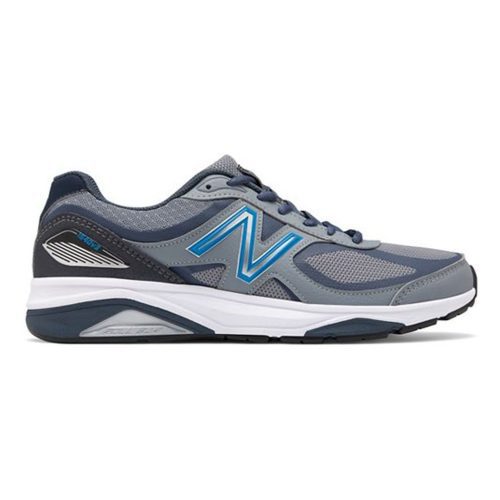 A gray and navy men's running shoe with a blue "N" logo on the side and white midsole, featuring ENCAP midsole technology for added support against overpronation, and a secure lace-up closure: New Balance NEW BALANCE 1540V3 MARBLEHEAD/BLACK - MENS.