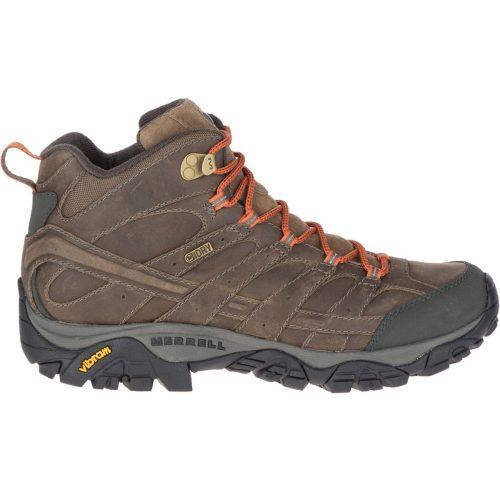 Introducing the Merrell MERRELL MOAB 2 PRIME MID WP CANTEEN BROWN - MENS, a brown and green hiking boot with orange laces, a rugged sole, and a men's waterproof design, featuring a full-grain leather upper for durability.