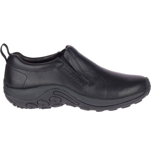 A black leather slip-on shoe with a pull tab on the heel, cushioned sole, and subtle stitching details. The brand name "Merrell" is visible on the side. This Merrell MERRELL JUNGLE MOC LEATHER 2 BLACK - MENS features an air cushion for added comfort.