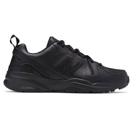 A black athletic shoe with a low-top design, featuring a thick sole and the letter "N" on the side—perfect for fitness activities or as a classic trainer similar to the New Balance NEW BALANCE X608V5 BLACK - MENS.