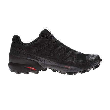 A single black men's running shoe, specifically the SALOMON SPEEDCROSS 5 BLACK - MENS, designed for trail running. It features a rugged sole, subtle red accents on the heel, and an innovative quicklace lacing system for easy adjustments.