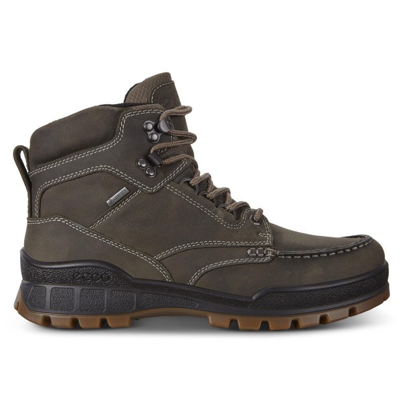 A single ECCO TRACK 25 PRIMALOFT BOOT BROWN - MENS by Ecco with black rubber soles and tan treads, featuring white stitching, metal eyelets with brown laces, and GORE-TEX waterproof technology for ultimate weather protection.