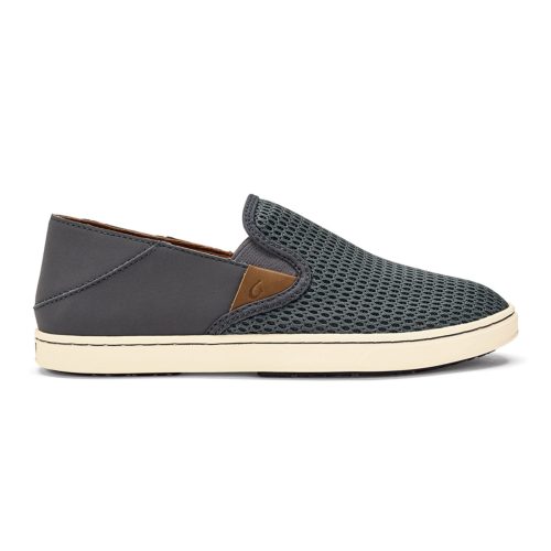 A single gray Olukai PEHUEA PAVEMENT/PAVEMENT slip-on sneaker with a mesh upper for breathable comfort, leather accents, and a white sole, viewed from the side.