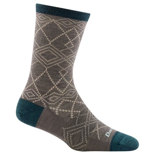 A Darn Tough Grace Crew Taupe patterned sock with a mix of gray tones and blue accents at the toe and cuff. --> A DARN TOUGH GRACE CREW SOCKS TAUPE - WOMENS from Darn Tough.