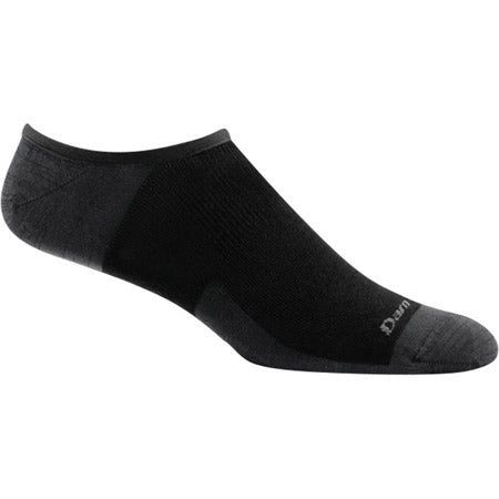 A single black Darn Tough Topless Solid No Show hiking sock displayed against a white background.