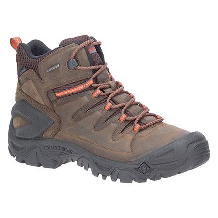 A brown MERRELL STRONGBOUND PEAK MID WP ESPRESSO - MENS with orange accents, a sturdy black sole, and a lace-up closure ensures durability and comfort on any trail from Merrell.