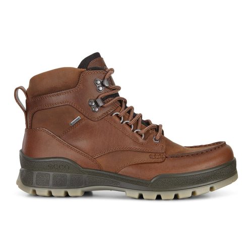 Side view of an Ecco ECCO TRACK 25 HIGH BISON - MENS brown leather hiking boot with black laces, featuring a rugged rubber sole and waterproof construction.