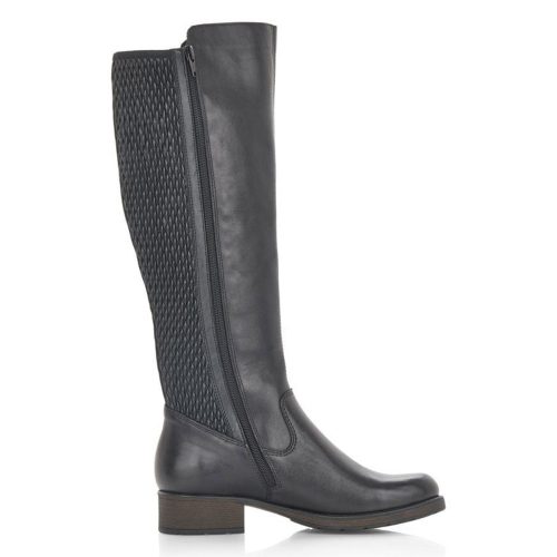 The RIEKER FAITH 91 BLACK - WOMENS boot from Rieker is a black knee-high boot with a side zipper, textured back panel, and low heel made from vegan leather and featuring antistress insoles for ultimate comfort.