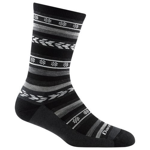 A single DARN TOUGH BRONWYN BLACK CREW SOCKS - WOMENS, black and gray crew height sock with a striped and geometric pattern, featuring a ribbed cuff and the brand name "Darn Tough" near the toes—truly a warm and chic addition to your wardrobe.