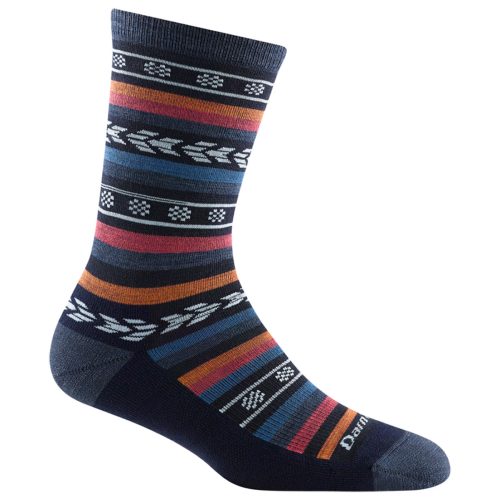 A dark-colored, warm and chic Darn Tough DARN TOUGH BRONWYN CREW SOCKS DENIM - WOMENS with various horizontal stripes in red, blue, orange, and white patterns.