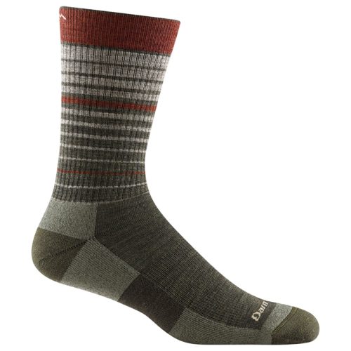 A single dark green patterned, cushioned Darn Tough DARN TOUGH FREQUENCY CREW SOCKS FOREST - MENS with grey, brown, and orange stripes, featuring reinforced toe and heel sections. Made from antimicrobial merino wool for added comfort and durability.