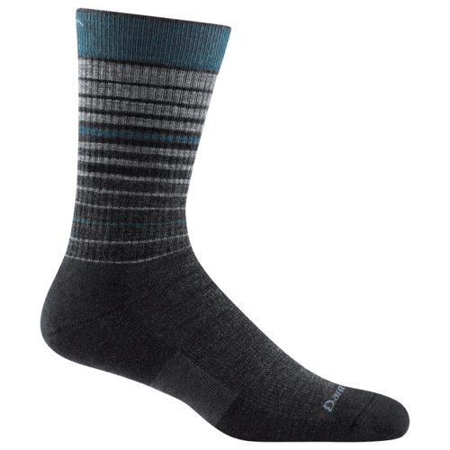 A single Darn Tough DARN TOUGH FREQUENCY CREW SOCKS CHARCOAL - WOMENS. The sock has a ribbed cuff, reinforced toe and heel areas, and features light cushioned crew comfort for everyday wear.