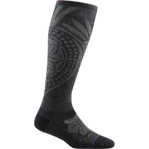 A single Darn Tough Chakra Kneehi Charcoal compression sock with a patterned design displayed against a white background.