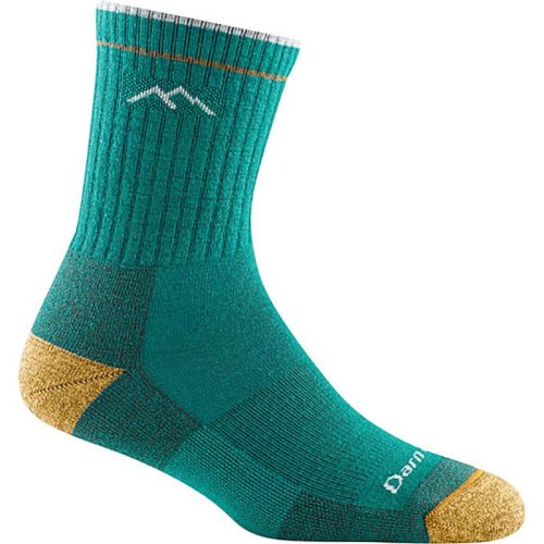 A Darn Tough DARN TOUGH HIKER MICRO CREW TEAL women's sock with reinforced heel and toe sections in mustard yellow, featuring a small white mountain logo near the top.