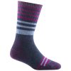 A full cushioned boot height sock crafted from merino wool, featuring horizontal stripes in shades of purple, blue, pink, and dark grey. Introducing the Darn Tough DARN TOUGH GATEWOOD DENIM BOOT SOCK - WOMEN'S for unparalleled comfort and durability.