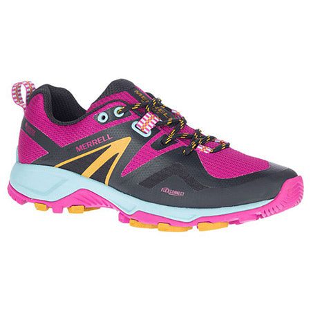 A brightly colored athletic shoe, predominantly pink with black, yellow, and blue accents, featuring a robust Quantum Grip rubber outsole and a logo that reads "Merrell.