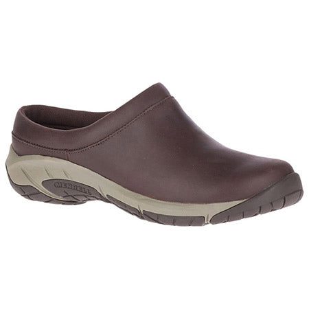 The MERRELL ENCORE NOVA 4 ESPRESSO - WOMENS is a women's shoe designed for comfort, featuring a brown slip-on style with a closed toe and a beige sole boasting a rugged tread pattern.