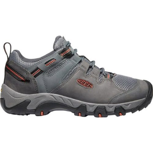 A durable leather gray hiking shoe with red accents and the brand name 'Keen' on the side.