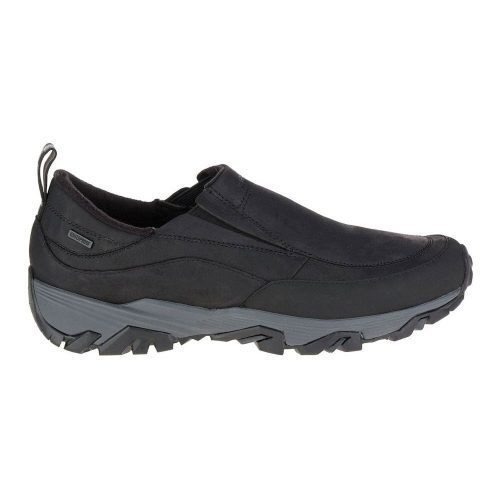 A black waterproof slip-on shoe with a rugged, textured sole featuring Vibram Arctic Grip and a pull tab at the heel, perfect for winter weather is the MERRELL COLDPACK ICE + MOC WP BLACK - MENS by Merrell.