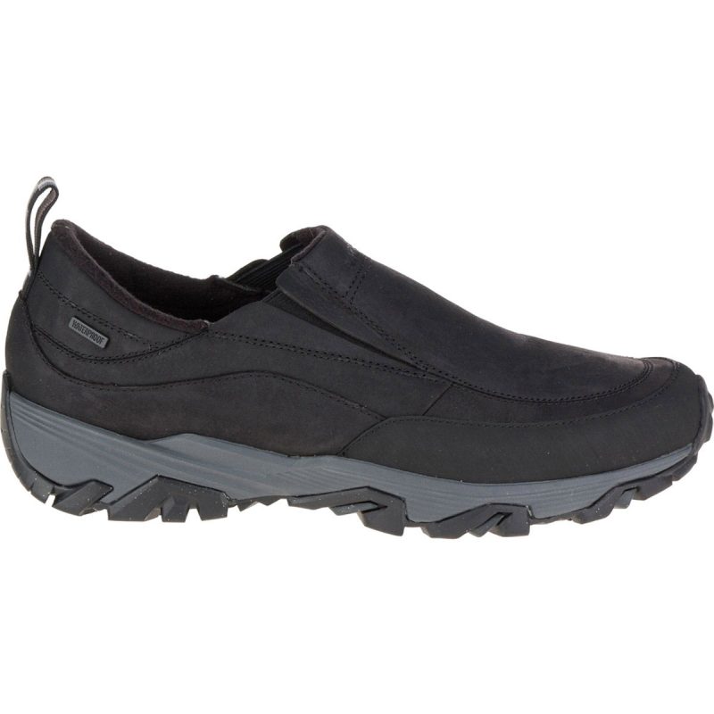 A black waterproof slip-on shoe featuring a rugged sole with Vibram Arctic Grip for enhanced winter traction and a loop at the back for easy wearing, the Merrell MERRELL COLDPACK ICE + MOC WP BLACK - MENS is perfect for harsh conditions.