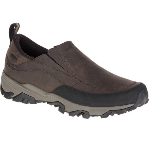 A brown waterproof slip-on hiking shoe, the Merrell Coldpack Ice + Moc WP Brown - Mens, with a rugged Vibram Arctic Grip outsole and a pull tab at the heel.