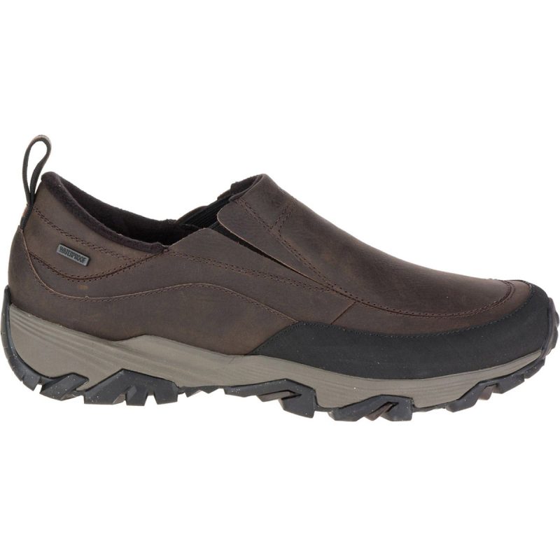 A Merrell MERRELL COLDPACK ICE + MOC WP BROWN - MENS, a brown leather waterproof slip-on shoe with a rugged sole, featuring a black rubber toe cap and Vibram Arctic Grip, designed for outdoor wear in winter weather.