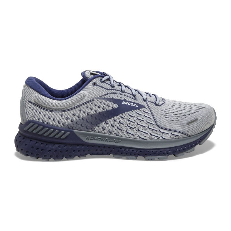 Side view of a grey and blue Brooks Adrenaline GTS 21 support shoe.