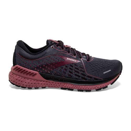 Introducing the BROOKS ADRENALINE GTS 21 BLACK/BLACKENED PEARL - WOMENS, a black and burgundy athletic running shoe with a cushioned sole and mesh upper. Featuring stability and cushioning through the GuideRails Holistic Support System, this shoe ensures every run is comfortable and supportive.