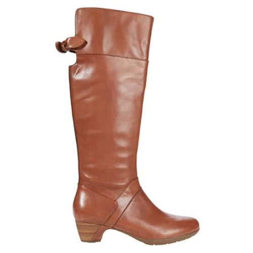 Brown leather knee-high Dansko DORI LUGGAGE boot with a small heel.