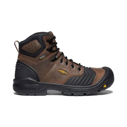 Side view of a brown and black work boot with laces, featuring the Keen logo, a reinforced toe, and a rugged sole designed for durability. Incorporating KEEN.BELLOWS FLEX technology, this KEEN CT PORTLAND 6" WP EH SR DARK EARTH - MENS boot offers unmatched flexibility and strength for tough jobs.