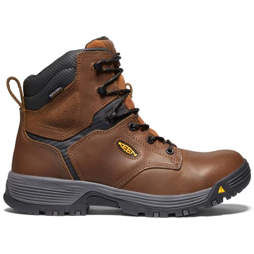 A brown and black lace-up Keen KEEN CT CHICAGO 6" WP SR EH TOBACCO - MENS with a steel toe, featuring a rugged rubber sole and a small yellow triangle on the toe cap made of waterproof leather.