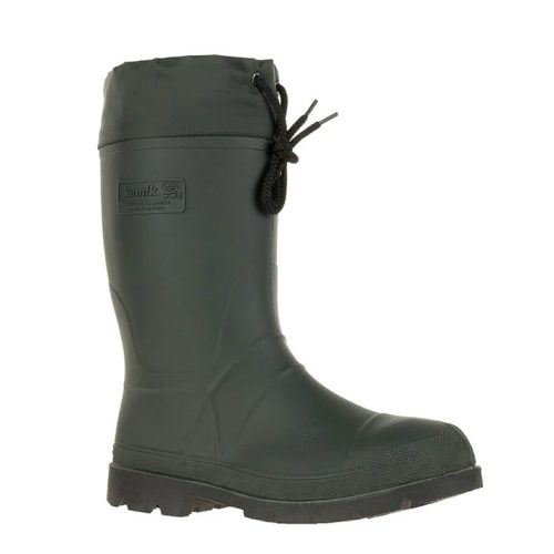 A single black insulated rubber boot with a drawstring top, Thermal Guard removable liner, and rugged sole designed for cold weather conditions, the Kamik KAMIK FORESTER KHAKI BLACK - MENS.