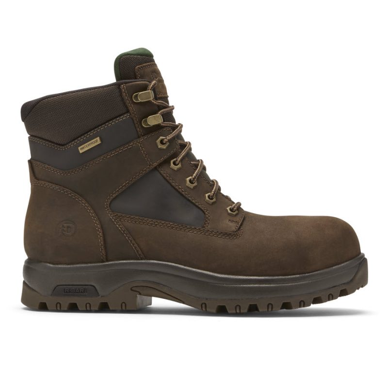 A rugged, brown high-top men's work boot with safety toe, laces, and a sturdy sole. This slip-resistant boot features waterproof construction, reinforced toe, a padded collar, and visible stitching. Introducing the DUNHAM 8000WORKS 6" WP SAFETY TOE WHEAT - MENS by Dunham.