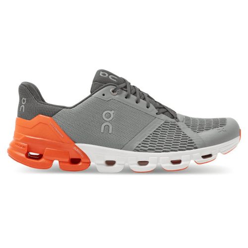 A gray and orange athletic shoe with a breathable mesh upper, cushioned sole featuring Helion Superfoam midsole, and "On Running" branding, perfect for stability training.