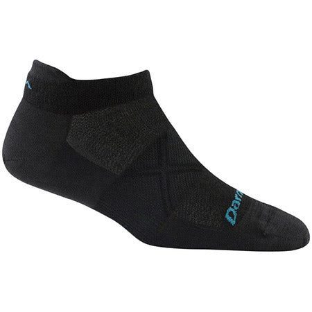 A black DARN TOUGH NO SHOW TAB SOCK ULTRA LIGHT MERINO BLACK with textured detailing, a small blue logo on the side, and crafted from Ultra Light Merino for ultimate comfort and performance by Darn Tough.