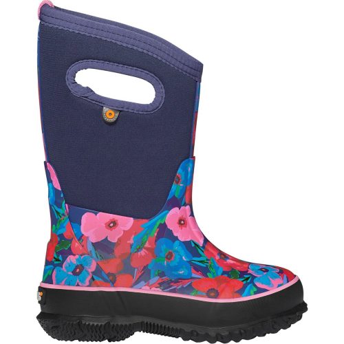 Colorful floral patterned Bogs Classic Water Pansies Dark Blue Multi kids insulated boot with a navy neoprene upper and a handle for easy wearing, featuring Subzero Neo-Tech insulation.