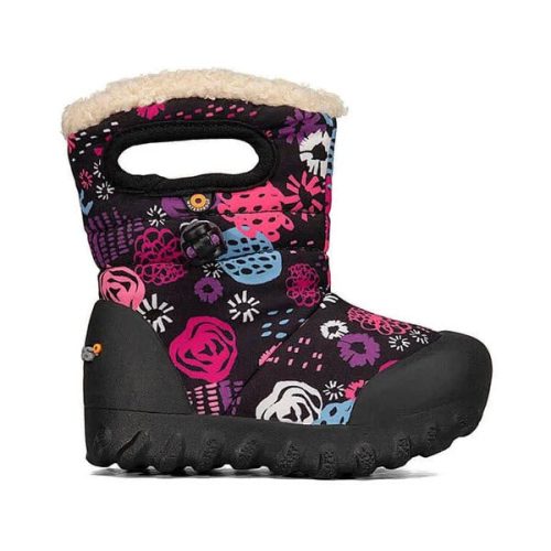 Children's waterproof winter boot with colorful floral pattern and faux fur lining, the BOGS B MOC GARDEN PARTY BLACK MULTI - KIDS by Bogs.