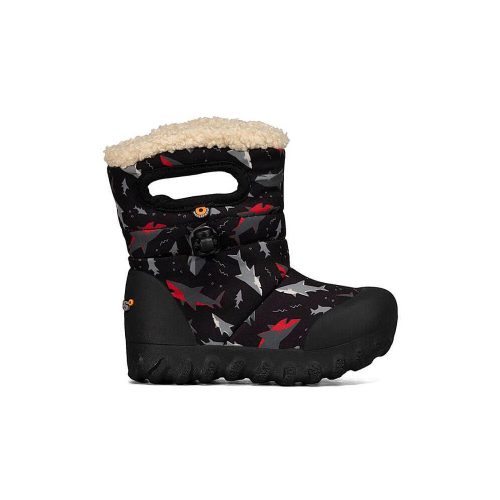 Children's waterproof Bogs B Moc Sharks Black Multi winter boot with a red and gray star pattern and fleece lining.