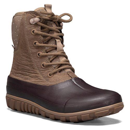 A brown waterproof duck boot with a rubber lower section and a high-top laced canvas upper featuring a Rebound Bloom footbed from Bogs Classic Casuals.