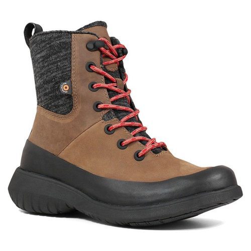 Hiking boot with waterproof cognac leather and gray fabric upper, featuring red laces.